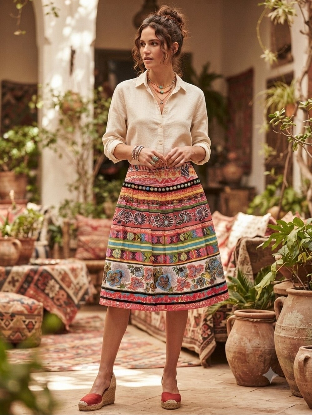 WD.NY 100% Linen Boho Multi-Color Patterned A-Line Skirt